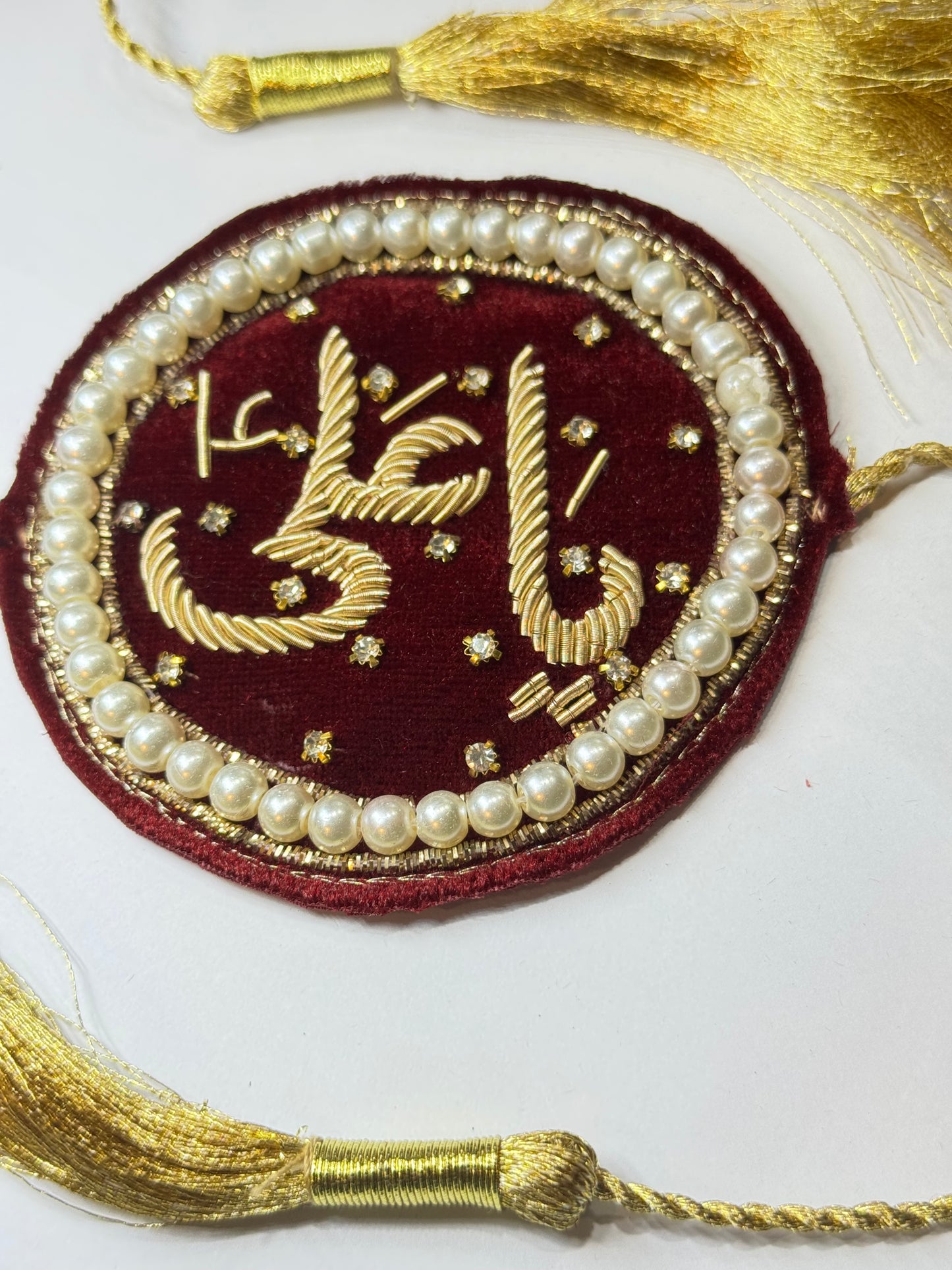 Handmade Maroon Velvet Imam Zamin with Gold Tassels – Pearl & Crystal Embellished for Nikah & Weddings