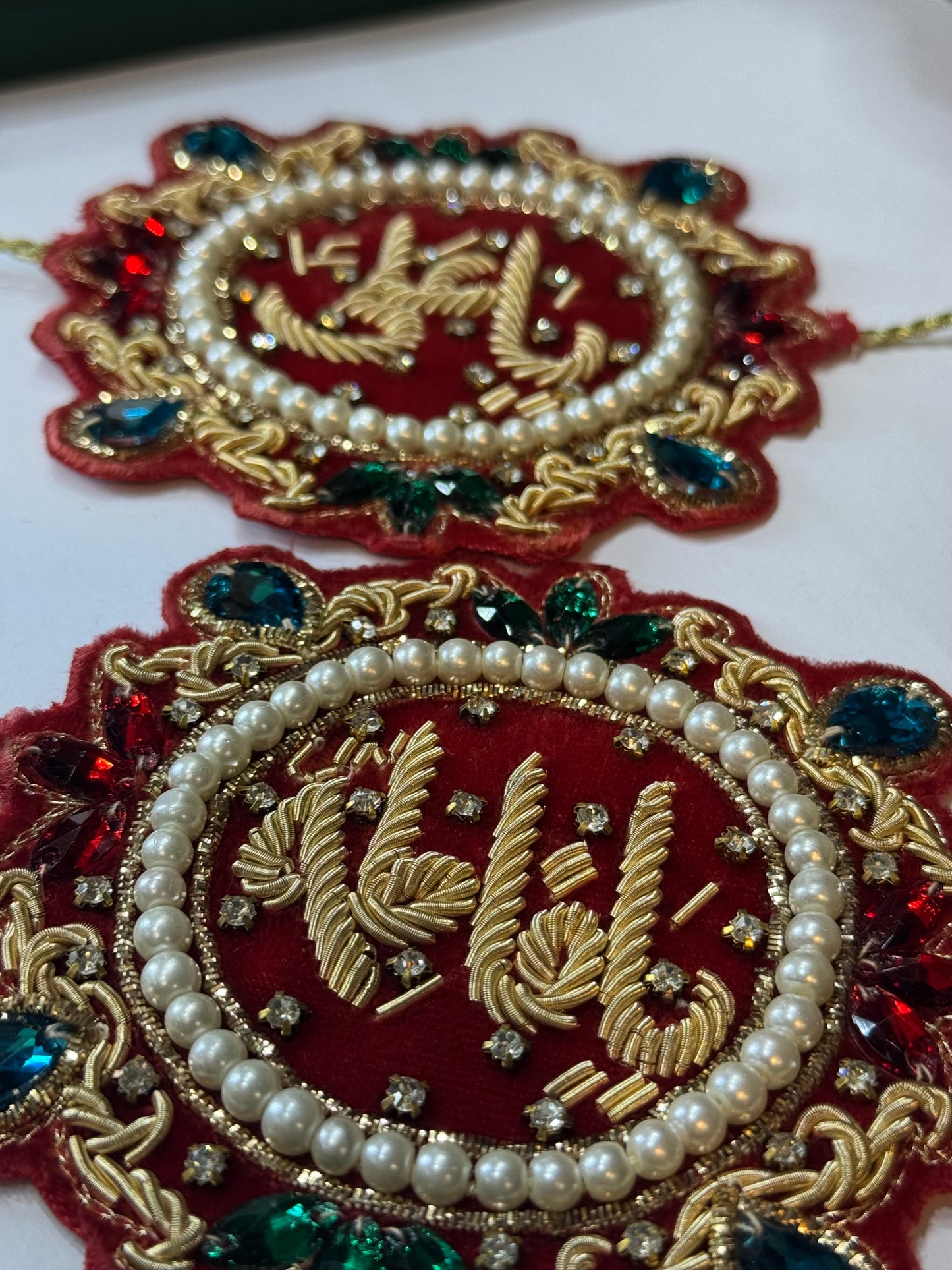 Handmade Imam Zamin for Nikah & Weddings – Red Velvet, Gold Embroidery, Pearls & Crystal Stones