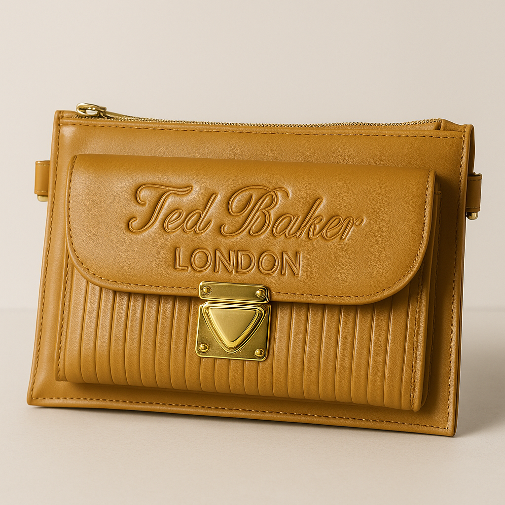 Ted Baker London Mustard Textured Leather Crossbody Handbag – Gold Accent Flap Lock