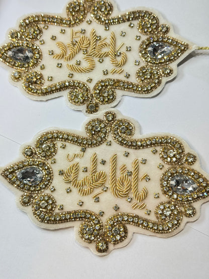 Luxury White Velvet Imam Zamin with Golden Embroidery & Crystal Detailing – “Ya Ali” & “Ya Fatima”