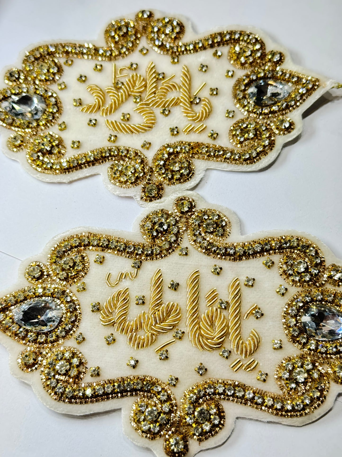 Luxury White Velvet Imam Zamin with Golden Embroidery & Crystal Detailing – “Ya Ali” & “Ya Fatima”