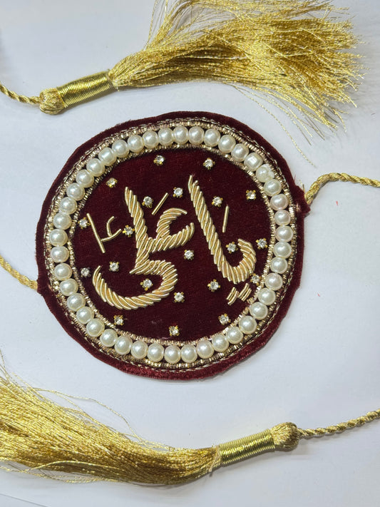 Handmade Maroon Velvet Imam Zamin with Gold Tassels – Pearl & Crystal Embellished for Nikah & Weddings